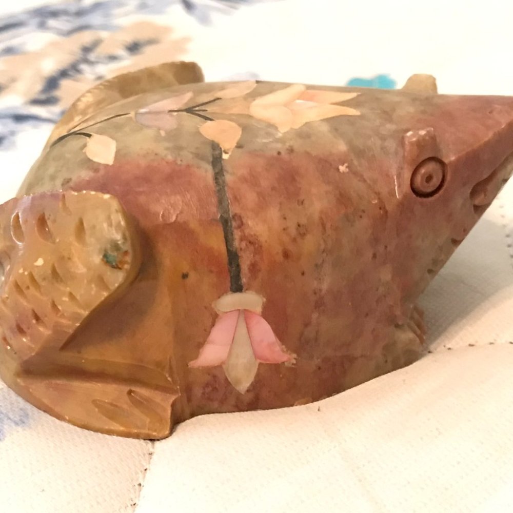 Hand-Carved Soapstone Frog Figurine with Mother of Pearl Flower Inlay